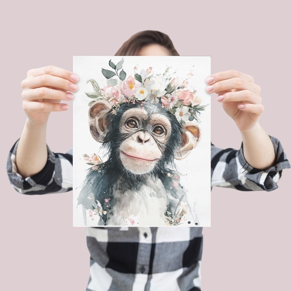 Watercolor Floral Monkey Portrait Wall Art Print Unframed - Playful Jungle Charm - Picture 4 of 6